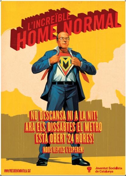 La campaña gráfica de las juventudes socialistas resalta estos logros con una caricatura de Montilla como Superman.