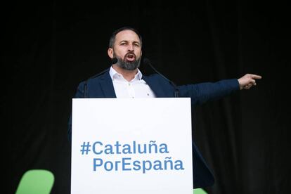 Santiago Abascal, durante un acto de campaña en Barcelona el pasado 30 de marzo.