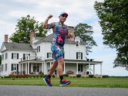 A participant in the IRONMAN 70.3 Eagleman race in Cambridge, Maryland.