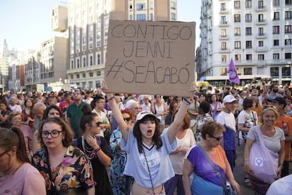 Manifestación feminista de apoyo a Jennifer Hermoso y contra Luis Rubiales, el 28 de agosto en la plaza de Callao, Madrid.