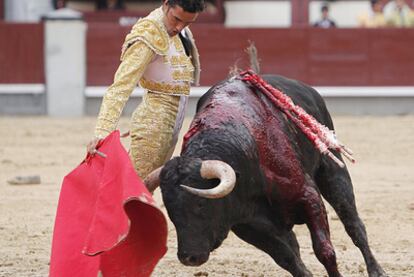 El diestro Matías Tejela, durante su primera faena en la corrida de la Feria del Aniversario celebrada ayer en Las Ventas.
