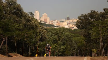 Un ciclista circula por la Casa de Campo, con la ciudad al fondo.