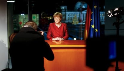 La cancellera, fotografiada després de l'enregistrament del discurs.