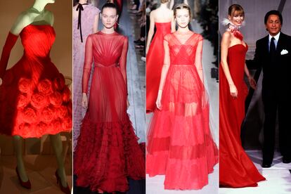 Si hay un color característico en la Alta Costura ese es el rojo con el que Valentino Garavani ha teñido muchos de sus vestidos. Desde su primera colección en la primavera de 1959 (izq.) es un tono que ha marcado al diseñador y que sigue vigente en los desfiles más recientes de la firma.