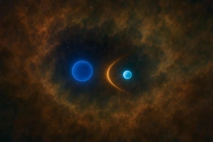 El choque de los fuertes vientos de dos estrellas masivas jóvenes.