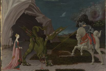 , y</b> Saint George and the Dragon   (hacia 1470), de Paolo Uccello. La historia que reproduce el cuadro procede de una colección de vidas de santos escrita en el siglo XIII, <i>The Golden Legend.</i> Uccello realizó una versión anterior y menos dramática del mismo tema que se encuentra en París.