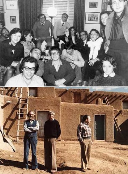 Juan Benet, al fondo a la derecha, en su casa en 1982 junto a varios de sus amigos. Están, entre otros, Marías o García Hortelano. Abajo, Ángel González, Benet y Hortelano, en Taos (Nuevo México), en 1977.