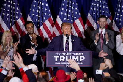 Donald Trump, durante su discurso tras su victoria en Nashua, New Hampshire.
