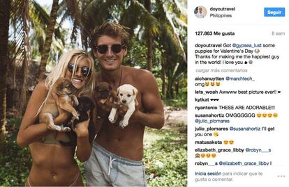 "Le he traído unos cachorros a @gypsea_lust por San Valentín. Gracias por hacerme el hombre más feliz del mundo. Te quiero", se declara Jack en su Instagram. Están en Filipinas.