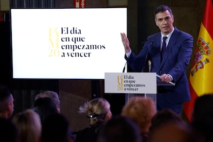 El presidente del Gobierno, Pedro Sánchez, durante el acto en la sede del Instituto Cervantes en Madrid, este miércoles, en el cuarto aniversario pandemia del coronavirus covid-19.
