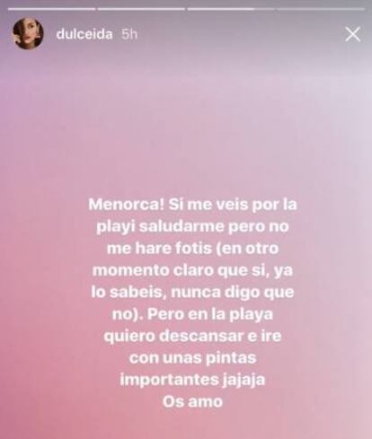 Mensaje publicado por Dulceida en su Instagram Stories.