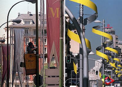 Un operario coloca banderolas en las farolas del centro de Madrid. A la derecha, adornos desplegados en la Gran Vía, por donde pasarán los novios.