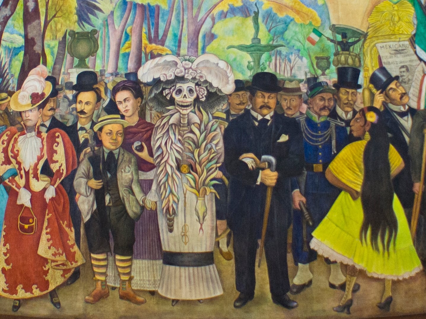 Detalle del mural 'Sueño de una tarde dominical en la Alameda Central'. En el centro, la figura de La Catrina, uno de los personajes fundamentales del imaginario asociado al Día de Muertos.