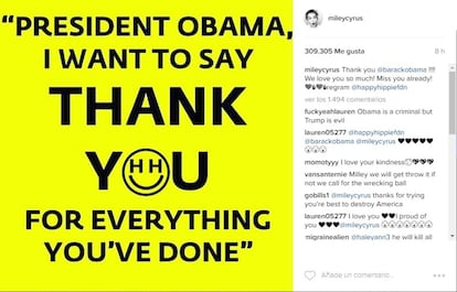 Miley Cyrus quiso darle las gracias a Obama "por todo lo que ha hecho".