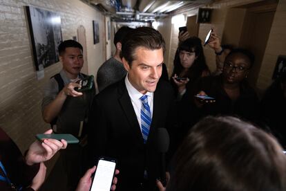 Republican Representative of Florida, Matt Gaetz, speaks to members of the news media following a meeting of the House Republican Conference on Capitol Hill in Washington, on Sept. 30, 2023.