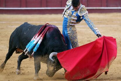 José María Manzanares con su primer toro en la Malagueta.