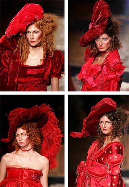 Lejos de toda idea de canícula, de Dior destacaron los modelos de terciopelo rojo, muy teatrales y que vaticinan una primavera fresquita. Entre los <i>VIP</i> que acudieron al desfile, celebrado en los jardines del Polo, se encontraba la directora estadounidense Sophia Coppola, muy atenta a los fruncidos más sofisticados y las mangas farol más exquisitas. En la imagen, cuatro propuestas de Galliano.