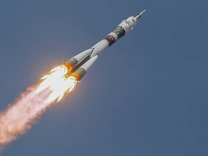 The Soyuz MS-09 spacecraft carrying a crew formed of astronauts Serena Aunon-Chancellor of the U.S and Alexander Gerst of Germany and cosmonaut Sergey Prokopyev of Russia blasts off to the International Space Station (ISS) from the launchpad at the Baikonur Cosmodrome, Kazakhstan June 6, 2018. REUTERS/Shamil Zhumatov