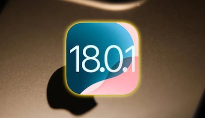 Logo de iOS 18.0.1 con iPhone de fondo