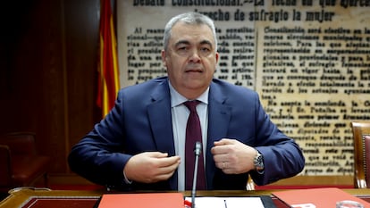 El diputado y secretario de organización del PSOE, Santos Cerdán, durante su comparecencia en la comisión de investigación del 'caso Koldo' en el Senado, este martes.