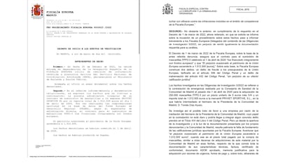 A la izquierda, la primera página del primer escrito dirigido por la Fiscalía europea a Anticorrupción. A la derecha, página extraída del segundo escrito enviado por el jefe de la Fiscalía Anticorrupción a la Fiscalía europea, en la que este descarta el delito de malversación.