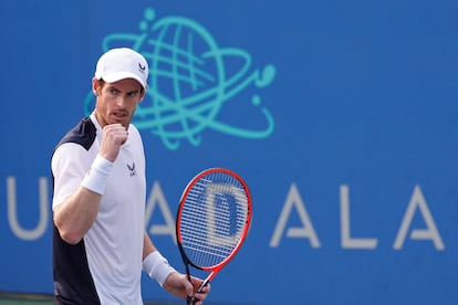 Andy Murray (GBR) reacts after a point against Brandon Nakashima (USA) (not pictured) on day five of the Mubadala Citi DC Open at Fitzgerald Tennis Stadium.