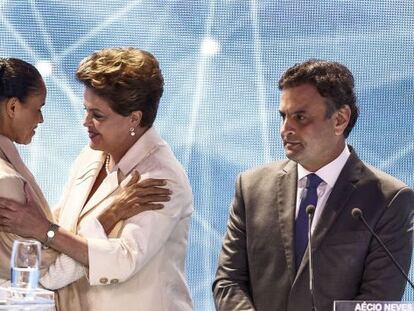 Marina, Dilma e Aécio, os três principais candidatos no debate.