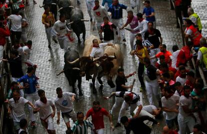 Toros de la ganadería de José Escolar Gil durante su recorrido por las calles de Pamplona.