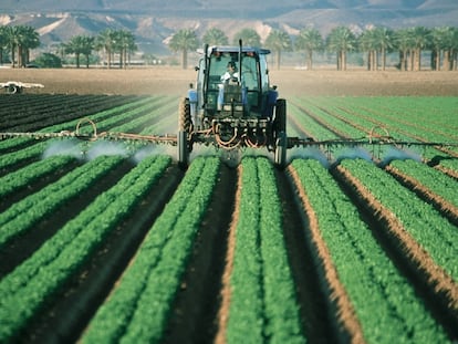 Tractor fumigando un campo.