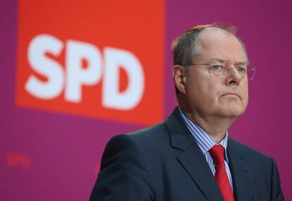 Peer Steinbrück, tras su confirmación como candidato hoy en Berlín.