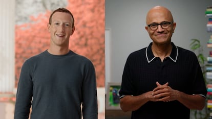 Mark Zuckerberg, CEO de Meta, y Satya Nadella, su homólogo de Microsoft, anuncian el acuerdo de ambas compañías para desarrollar el metaverso del trabajo.