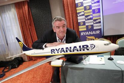 Michael O&acute;Leary, presidente la compa&ntilde;ia a&eacute;rea Ryanair, en una rueda de prensa en Madrid. 