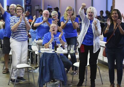 Votantes del Partido Demócrata expresan su alegría ante las previsiones de los resultados, el 6 de noviembre de 2018, en Jacksonville, Florida.