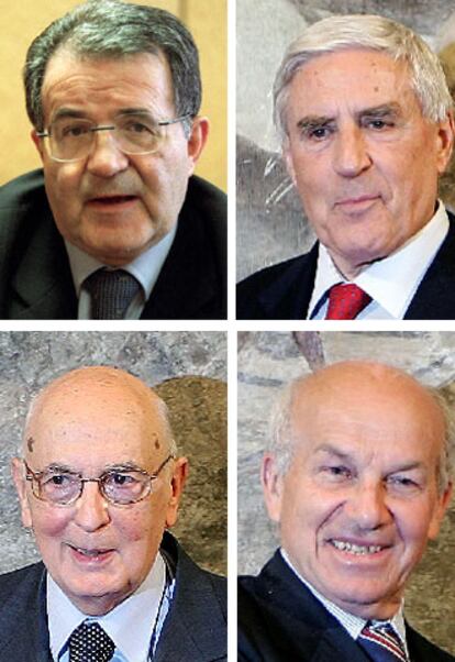 De izquierda a derecha y de arriba a abajo, Romano Prodi, Franco Marini, Giorgio Napolitano y Fausto Bertinotti.