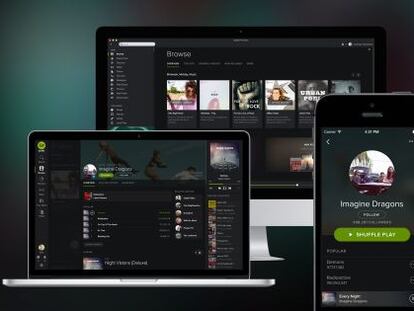 Un ordenador, una tableta y un m&oacute;vil, conectados a Spotify. 