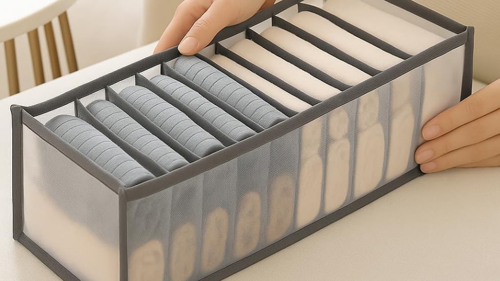 Organizador plegable para guardar lencería y ropa interior.