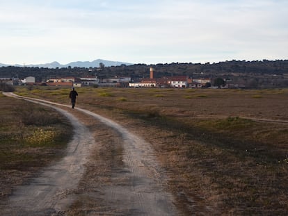 Un vecino pasea por los terrenos donde Meta proyecta construir su nuevo centro de datos en el municipio de Talavera de la Reina, con la localidad de Gamonal al fondo.