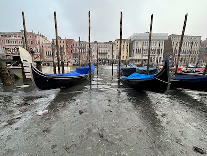 Góndolas en un canal sin agua, el pasado 18 de febrero.