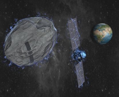 Ilustración de una idea para desviar asteroides peligrosos mediante la interacción electrostática de una nave espacial y un asteroide de manera que la primera puede controlar al segundo