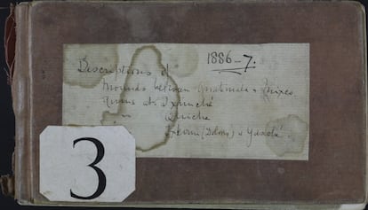 La página 12 del diario de Maudslay. El año de la fotografía data de 1886.