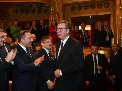 Serbian President Aleksandar Vucic (C-R) attends a formal academy on the occasion of the national day of the Serbs in the Republic of North Macedonia, in Skopje, Republic of North Macedonia, 27 January 2024.