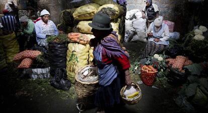 Una mujer transporta alimentos en el mercado de San Roque de Quito.