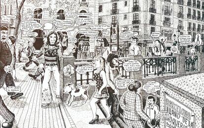 La Rambla va ser epicentre urbà de l’underground català, tal com il·lustra aquesta vinyeta de 1974 del dibuixant Pepichek Farriol des de 'Pauperrimus Comix'.