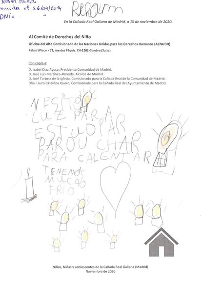 Carta número 15 de niños de la Cañada Real que han mandado a Ayuso, Almeida, los comisionados y  la ONU.