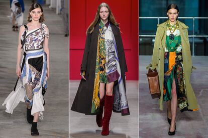 De izda. a dcha., looks de pasarela de 3.1 Phillip Lim, Salvatore Ferragamo y Toga.