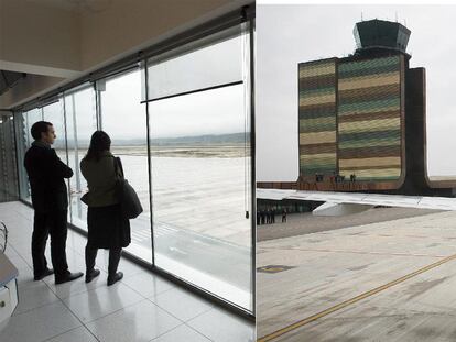 A la izquierda, el aeropuerto de Ciudad Real visto desde una sala. A la derecha, vuelo inaugural en el aeropuerto de Lleida.