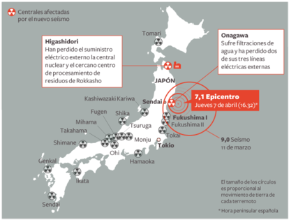 Mapa de Japón con las centrales nucleares afectadas por el nuevo terremoto.