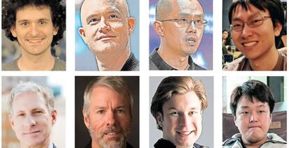 Arriba: Sam Bankman-Fried, fundador de FTX; Brian Armstrong, director ejecutivo de Coinbase; Changpeng Zhao, CEO de Binance y Gary Wang, exsocio de Bankman-Fried. Abajo: Chris Larsen, cofundador de Ripple; Michael Saylor, ejecutivo de MicroStrategy; Gerald Cotten, difunto fundador de QuadrigaCX y Do Kwon, el responsable por las monedas Terra y Luna.