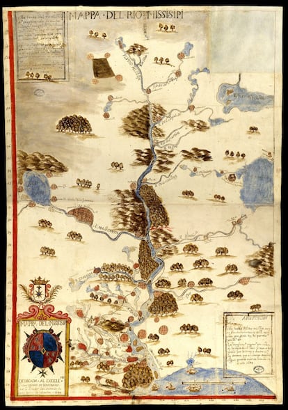 Mapa de 1699 del Río Mississippi realizado por orden Louis-Armand de Lom d'Arce de Lahontan, Baron de Lahontan, en el que se señala la ruta del viaje de Robert Cavalier de la Salle por dicho río, en 1682.