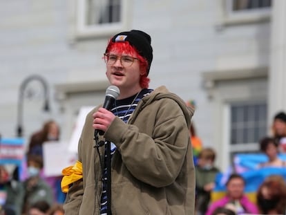 Charlie Draughn, of Chicago, Minnesota, speaks at the Vermont Statehouse in Montpelier, on Friday March 31, 2023 in support of transgender rights